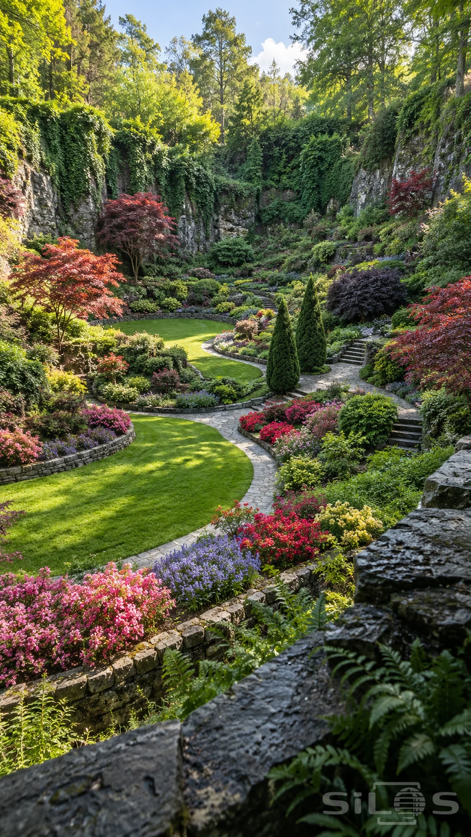 Sunken garden with curving lawns, stone paths, bright flower beds and tall ivy-covered rock walls beneath trees.