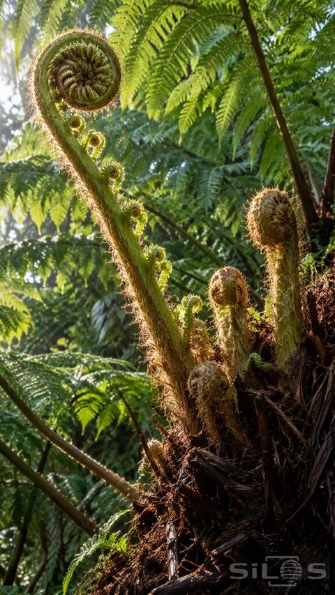 Tree fern croziers rise from a dark fibrous crown; with a large green spiral; small curled leaflets and golden hairs in sunlight.