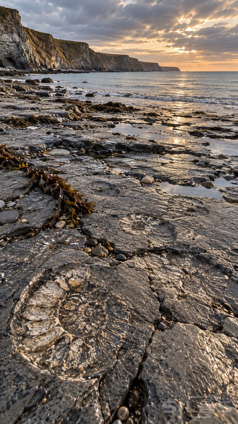 Ammonite pavement lies exposed on a wet coastal shelf at low tide below receding cliffs and a softly glowing sky.