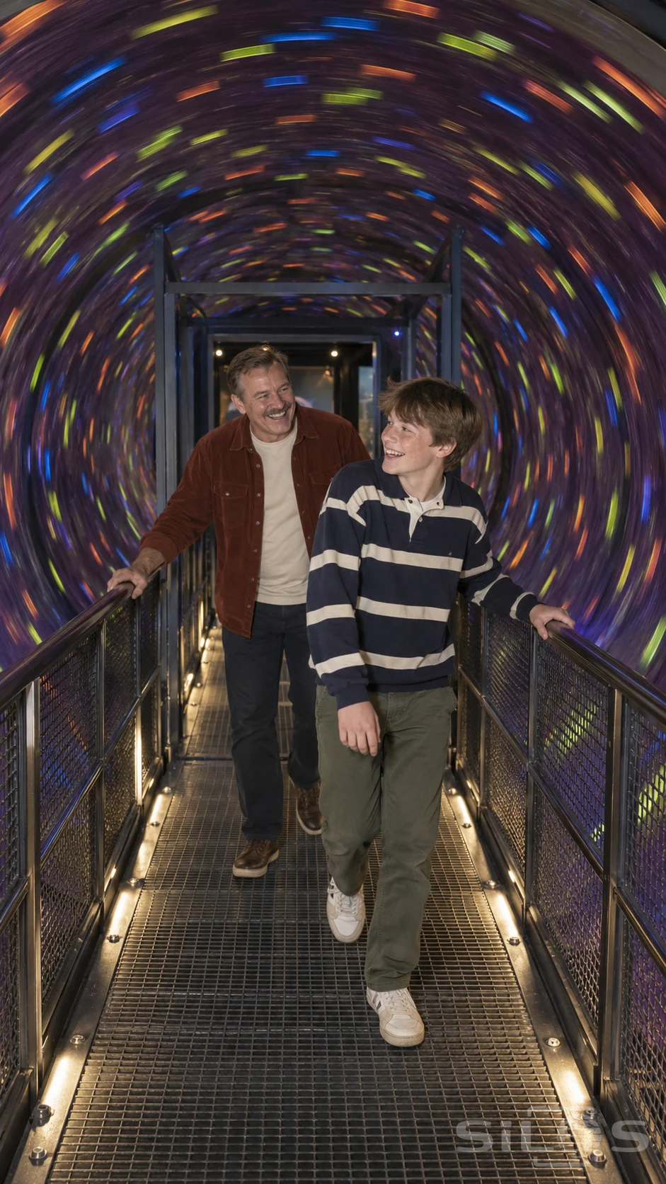 Vortex tunnel laughter between a father and son walking a steady bridge inside a cylindrical wall of colored light.