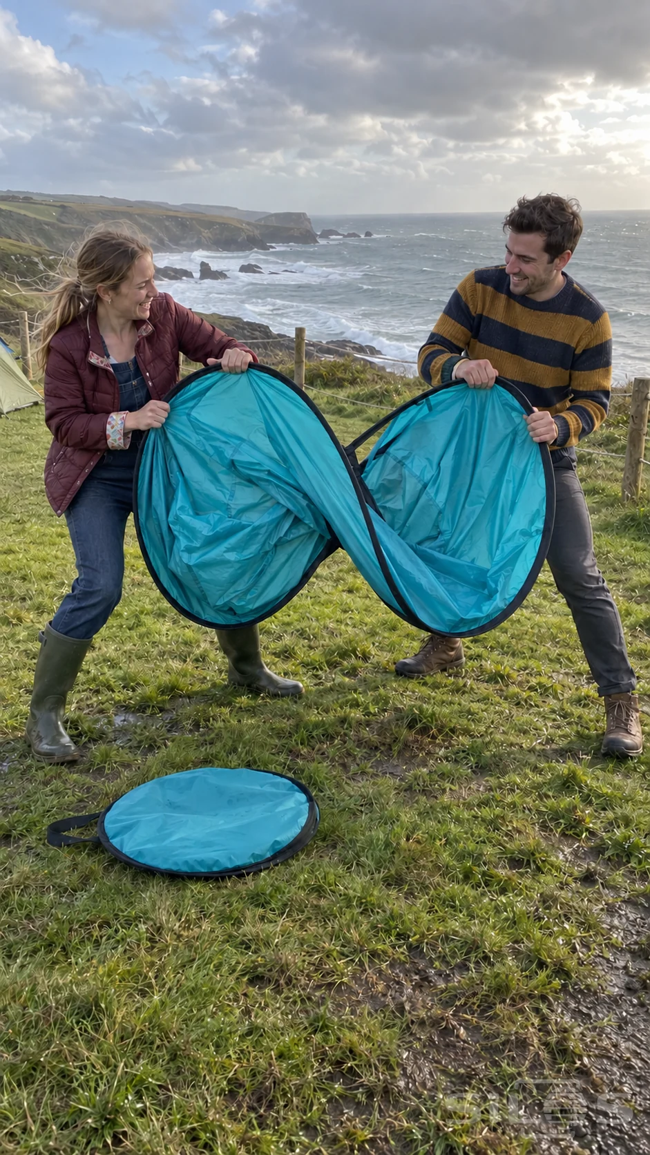 Two friends folding a pop-up tent hold its turquoise nylon loops above wet grass beside the sea.