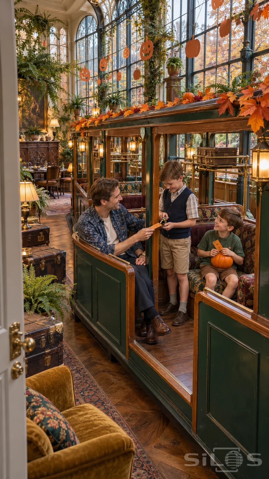 A parlour train with a boy punching Dad’s orange ticket as his younger brother holds a pumpkin on a patterned seat in a grand conservatory.