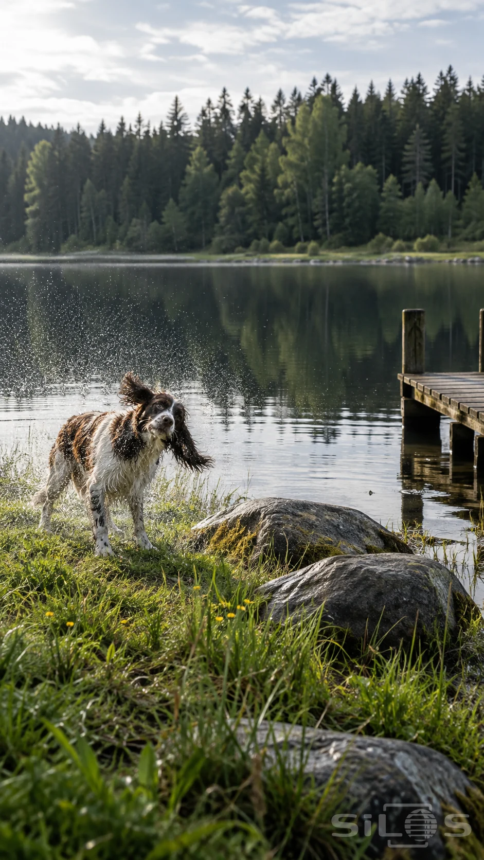 A wet spaniel shakes flying droplets over a grassy lakeshore beside a wooden jetty.