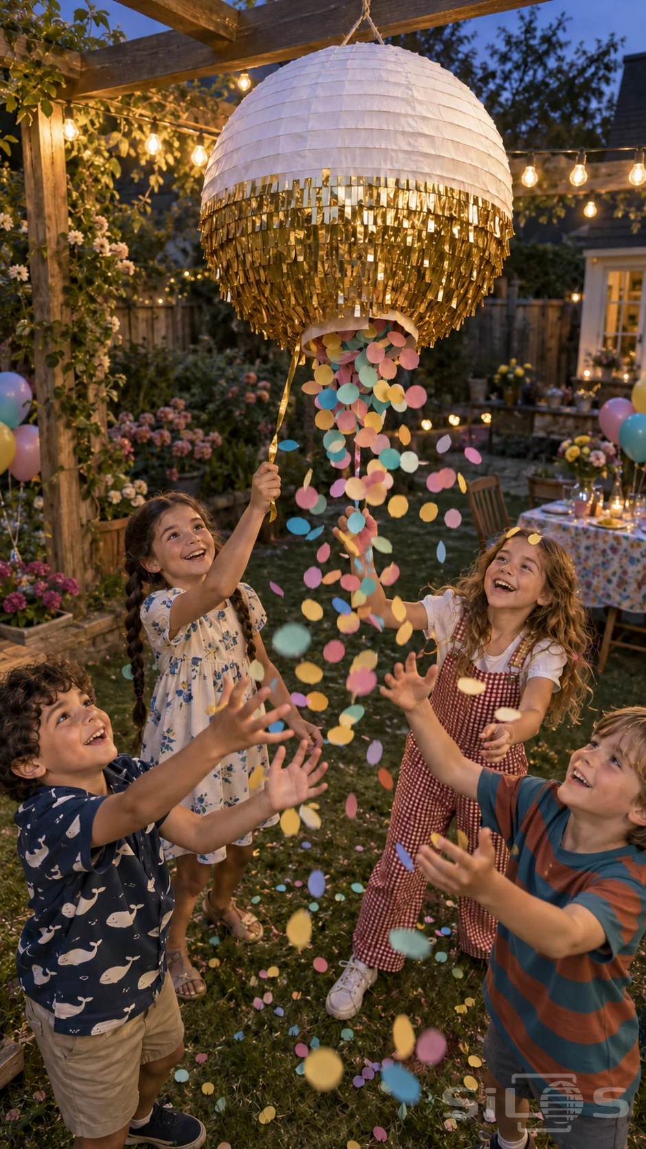 A gold confetti pinata releases pastel paper above four smiling children in patterned clothes beneath a garden pergola.