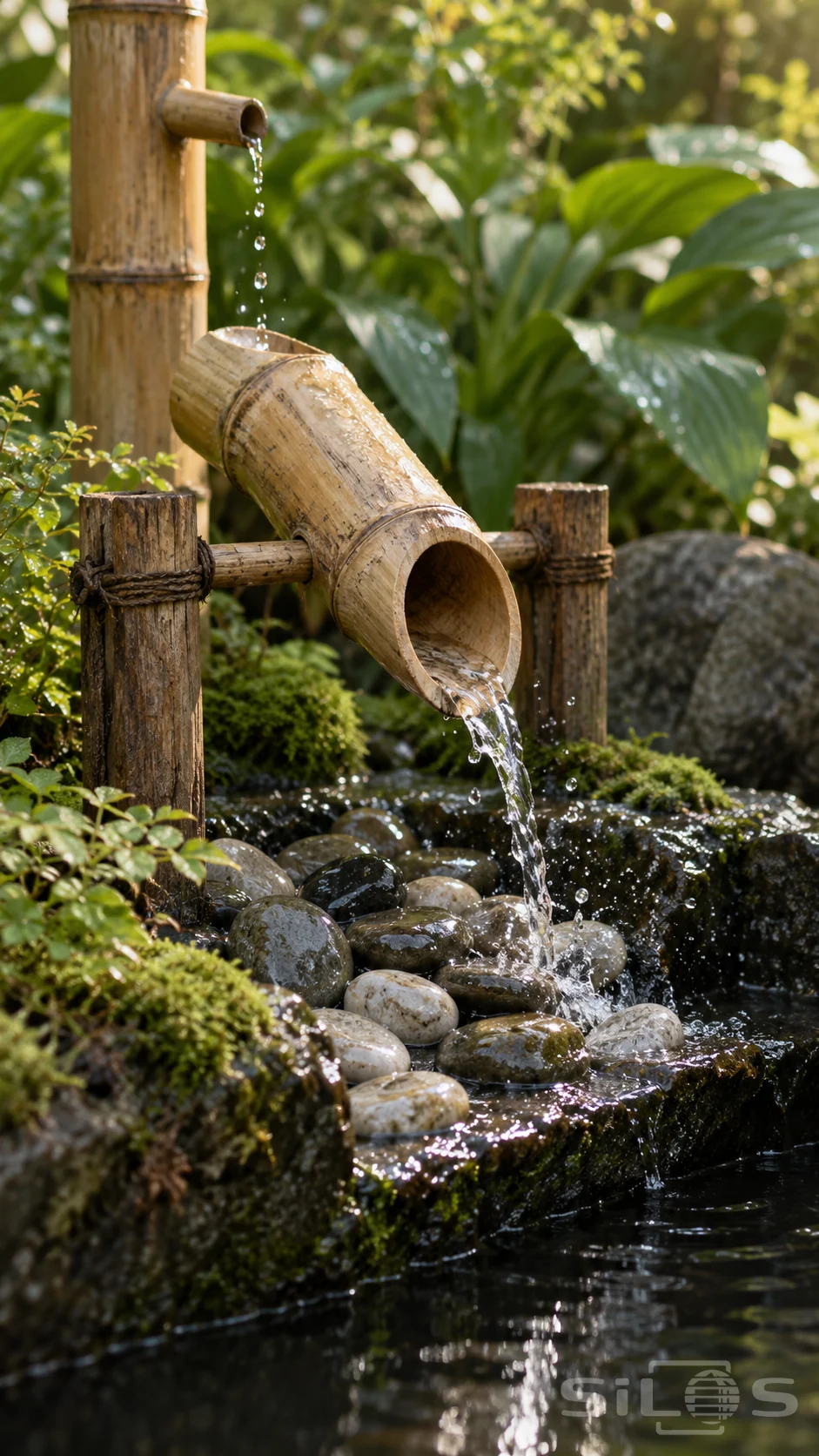 A bamboo fountain sends water through a tilted hollow tube onto wet pebbles in a moss-edged basin, with a small supply spout above.
