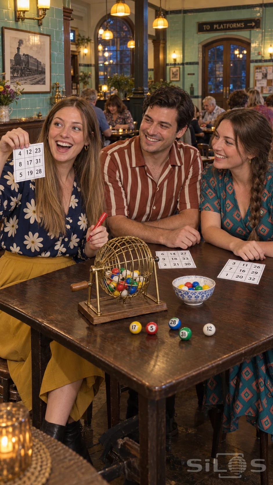 Three adult friends enjoy bingo night around numbered cards and a brass ball cage in a warmly lit green tiled station hall.