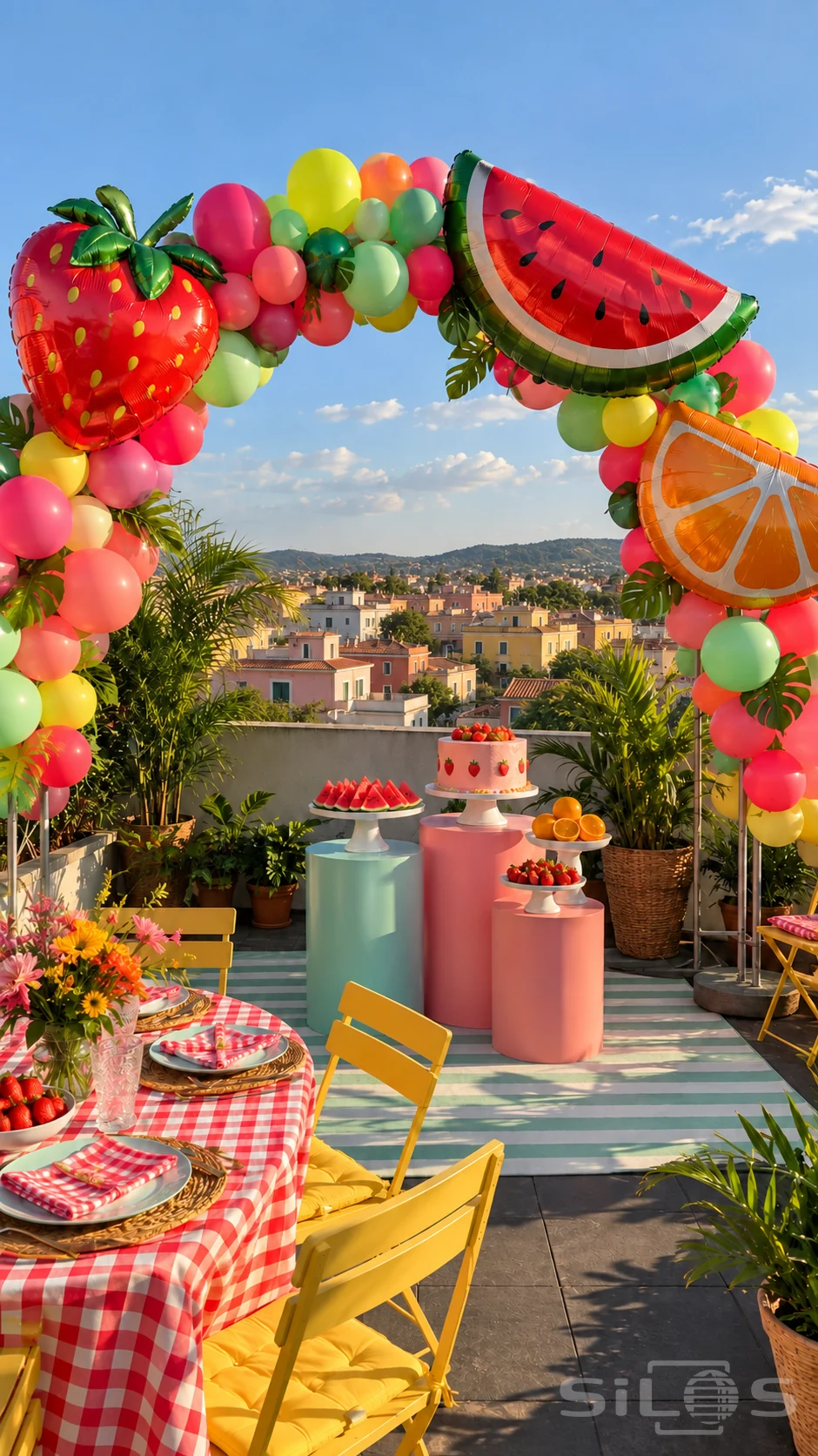 A fruit balloon rooftop party surrounds a pink cake with a giant strawberry, watermelon and orange balloons and yellow chairs.