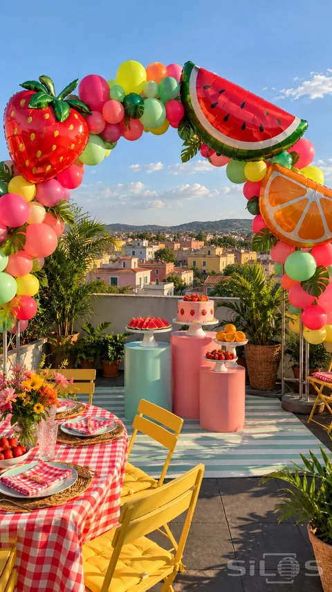 A fruit balloon rooftop party surrounds a pink cake with a giant strawberry; watermelon and orange balloons and yellow chairs.