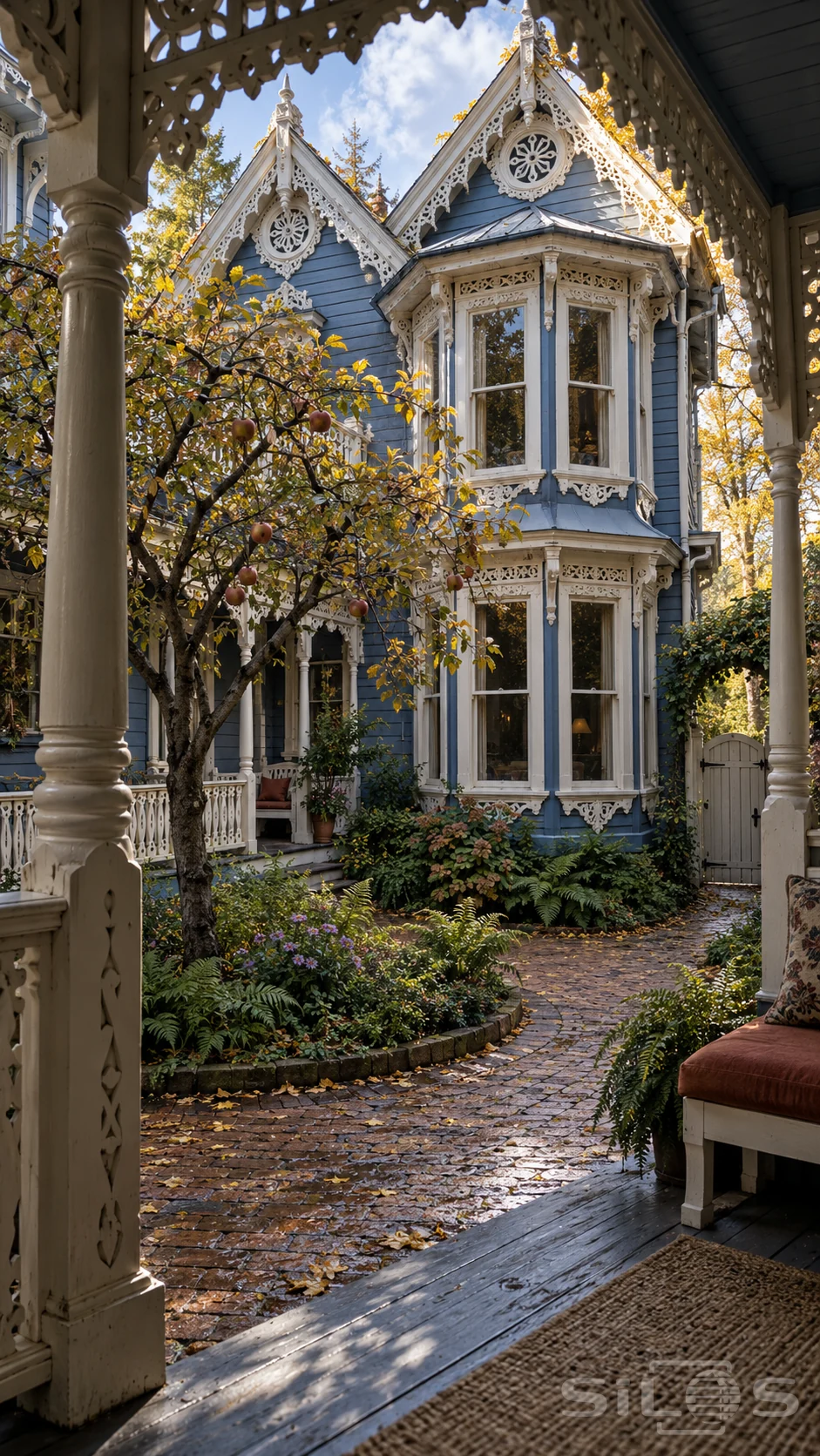 An ivory carved veranda frames a blue wooden house with lace-like gables, tall bay windows and an apple tree in a planted courtyard.