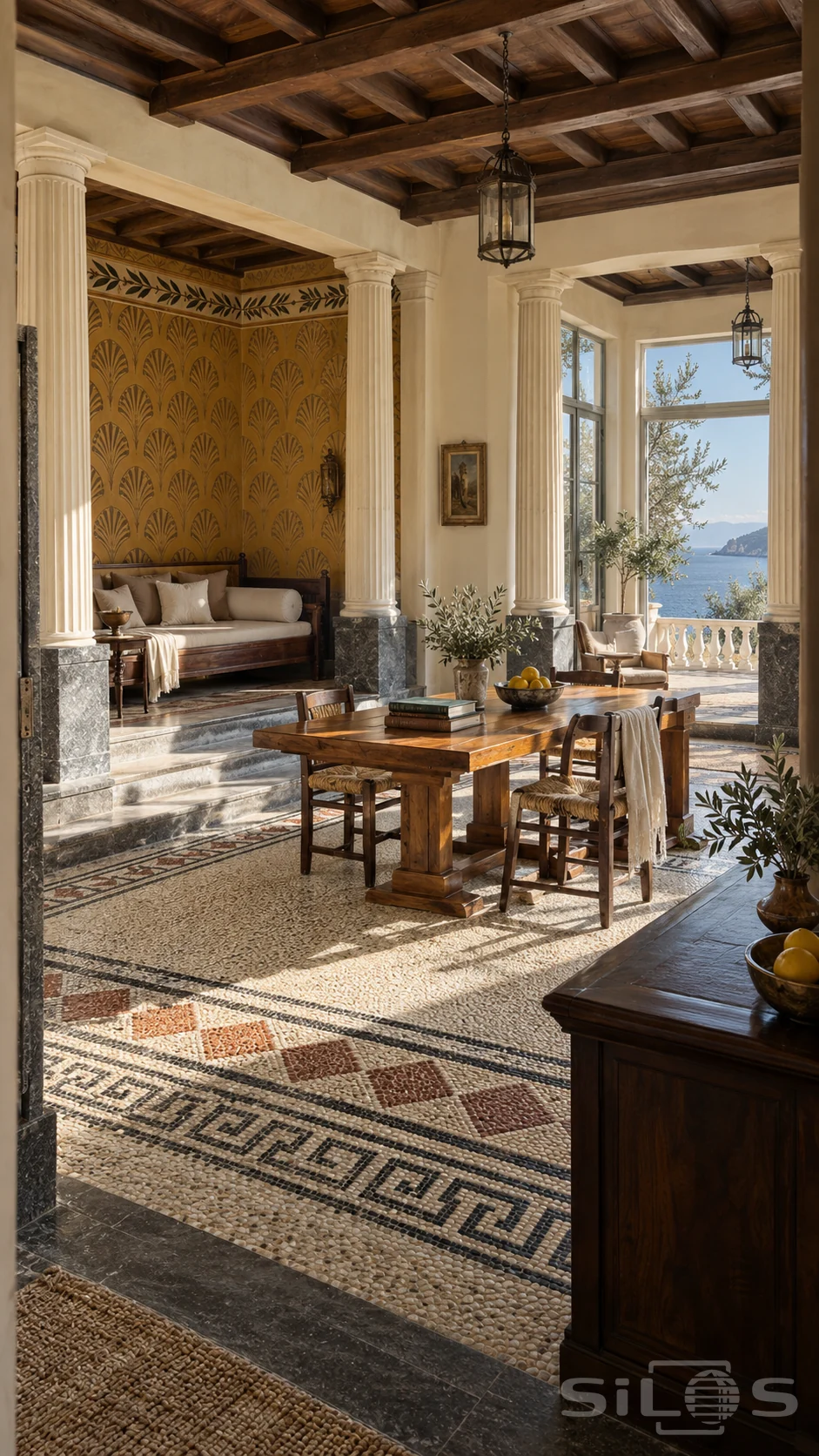 Classical reading salon with cream fluted columns, ochre patterned alcove, timber ceiling, mosaic floor and blue sea beyond.