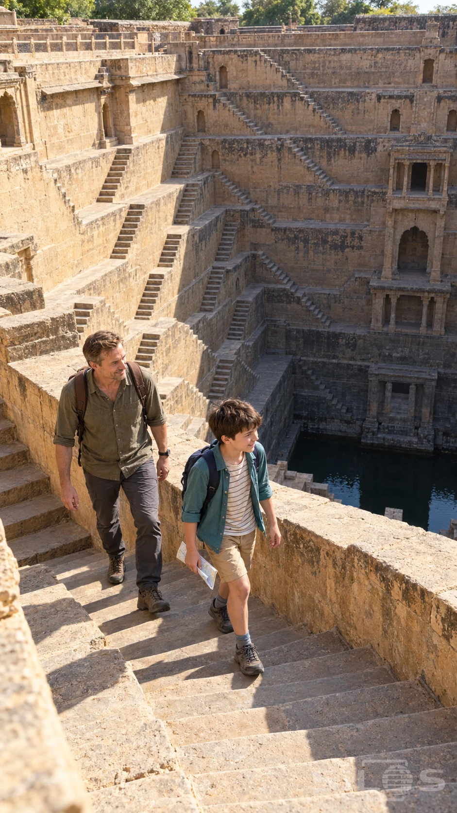 A boy leads his father along a stepwell route with a folded map above a deep reservoir lined by sandstone stairs.