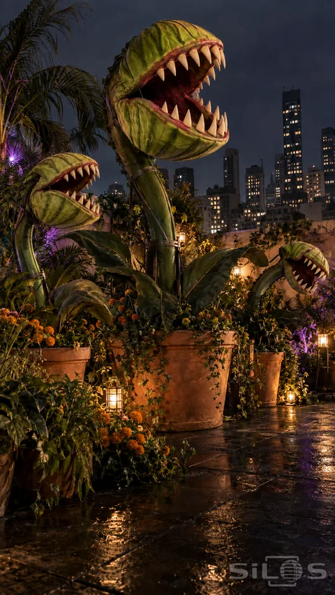 Giant carnivorous plants made as props rise from terracotta tubs; with green heads; ivory teeth; fabric leaves and night lighting.