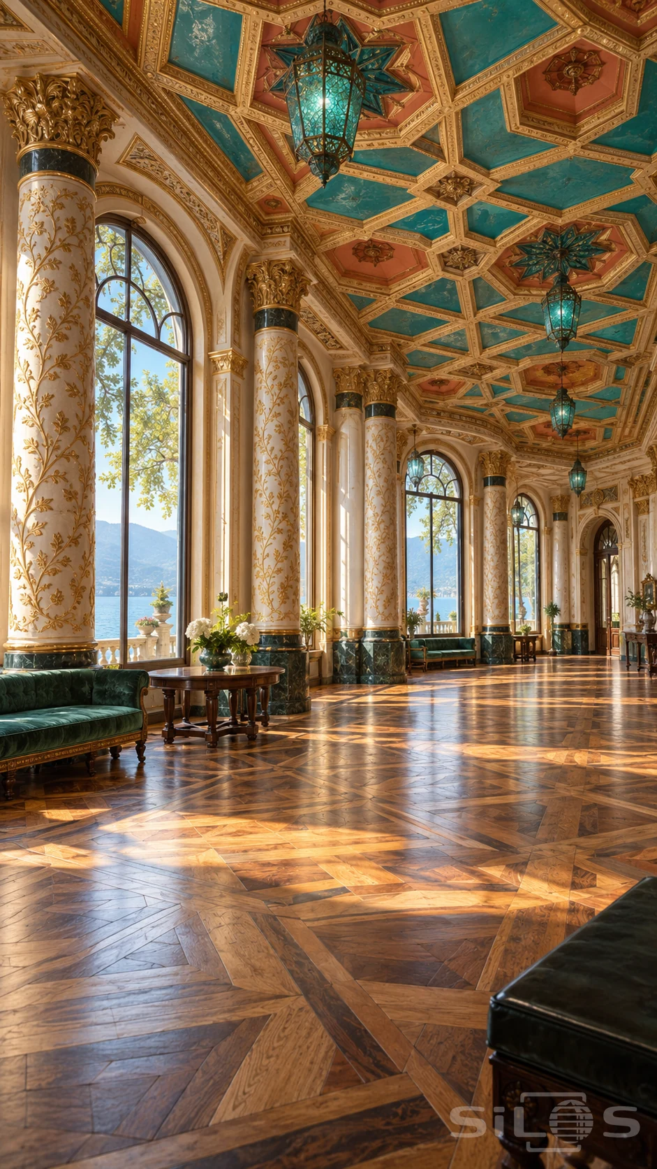 Sunlit ballroom with turquoise geometric ceiling, gold vine columns, green benches and parquet floor beside lake-facing windows.