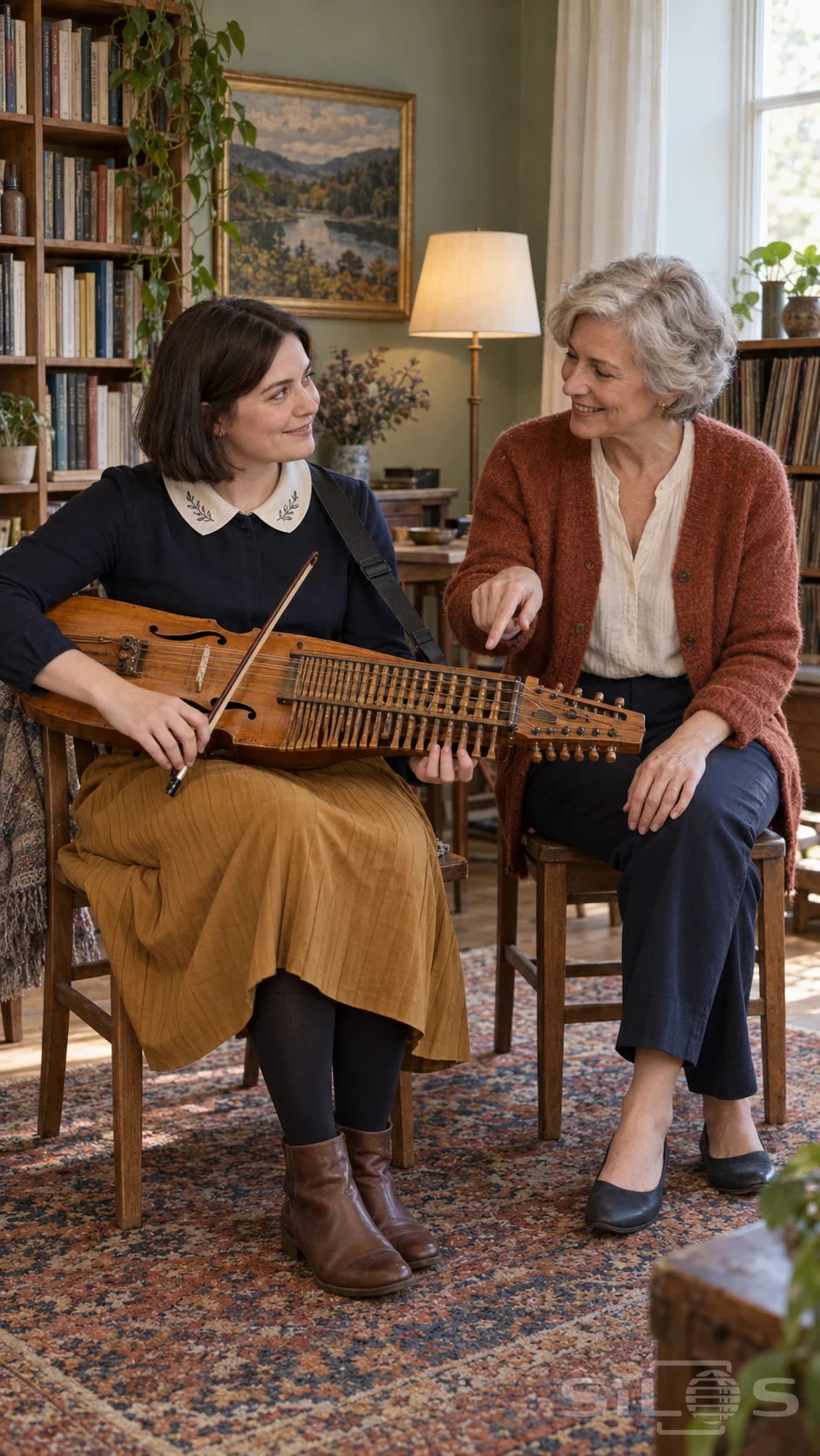 Two adult women share a nyckelharpa lesson with a wooden keyed fiddle across the learner’s lap in a book-filled music room.