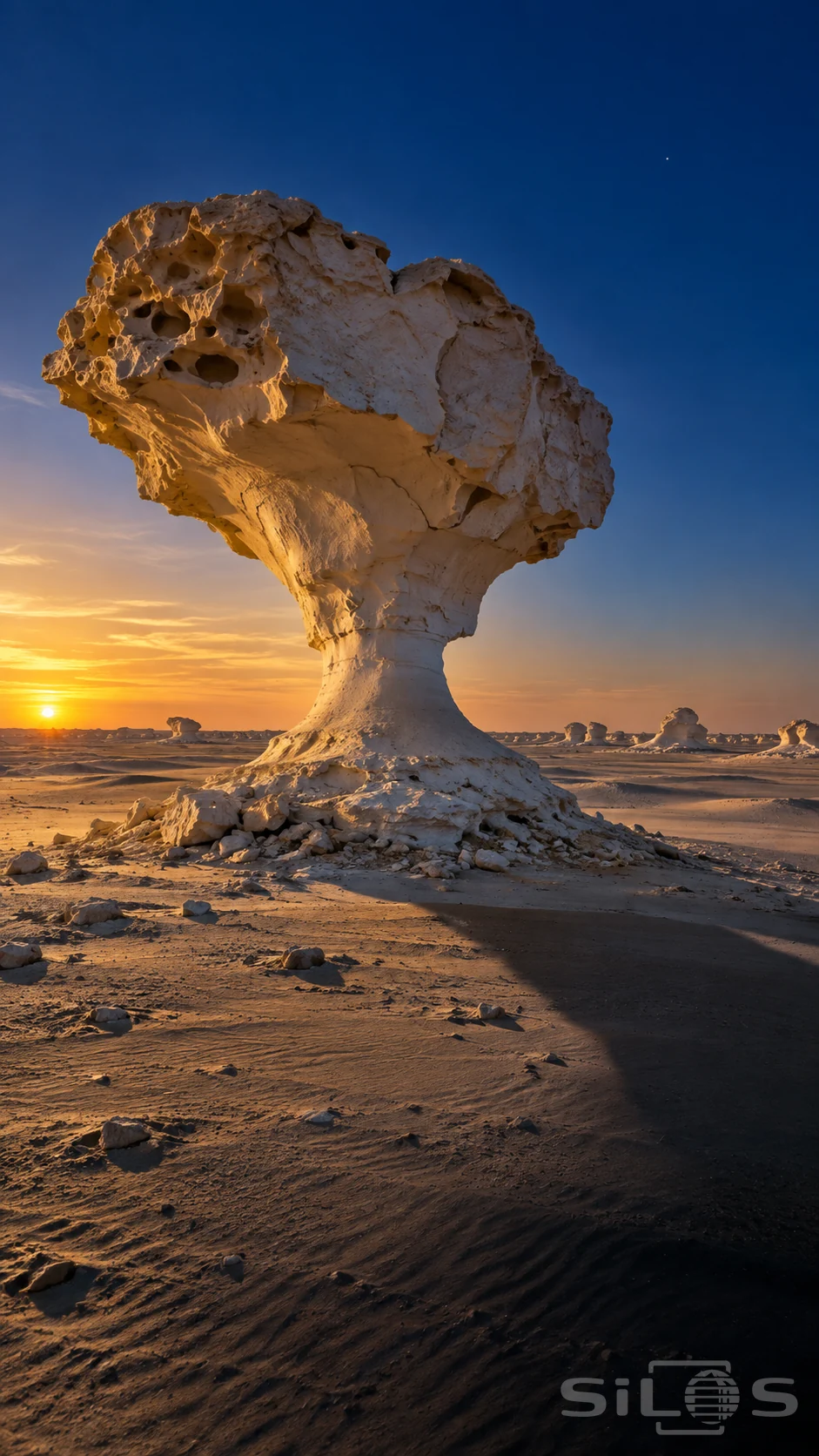 A pale mushroom rock stands on chalk rubble and sand, with an irregular overhanging cap and a long diagonal shadow.