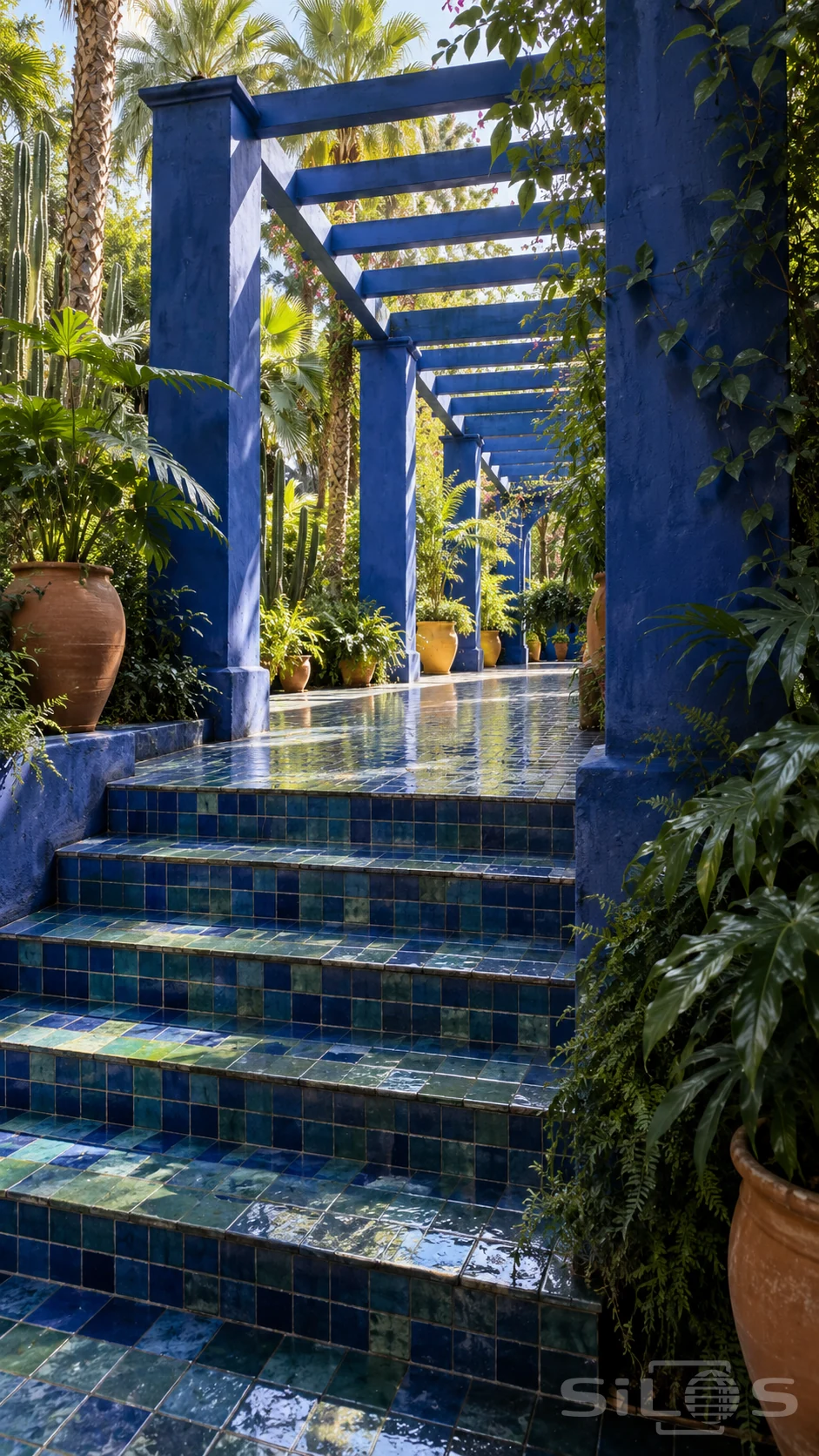 Cobalt-blue pergola above glossy blue and green tiled steps, surrounded by palms, climbing leaves and terracotta pots.