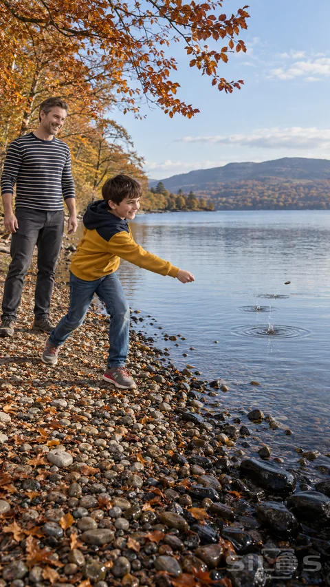 A boy in a mustard hoodie throws a flat stone across a lake while his father watches from the pebbled shore.