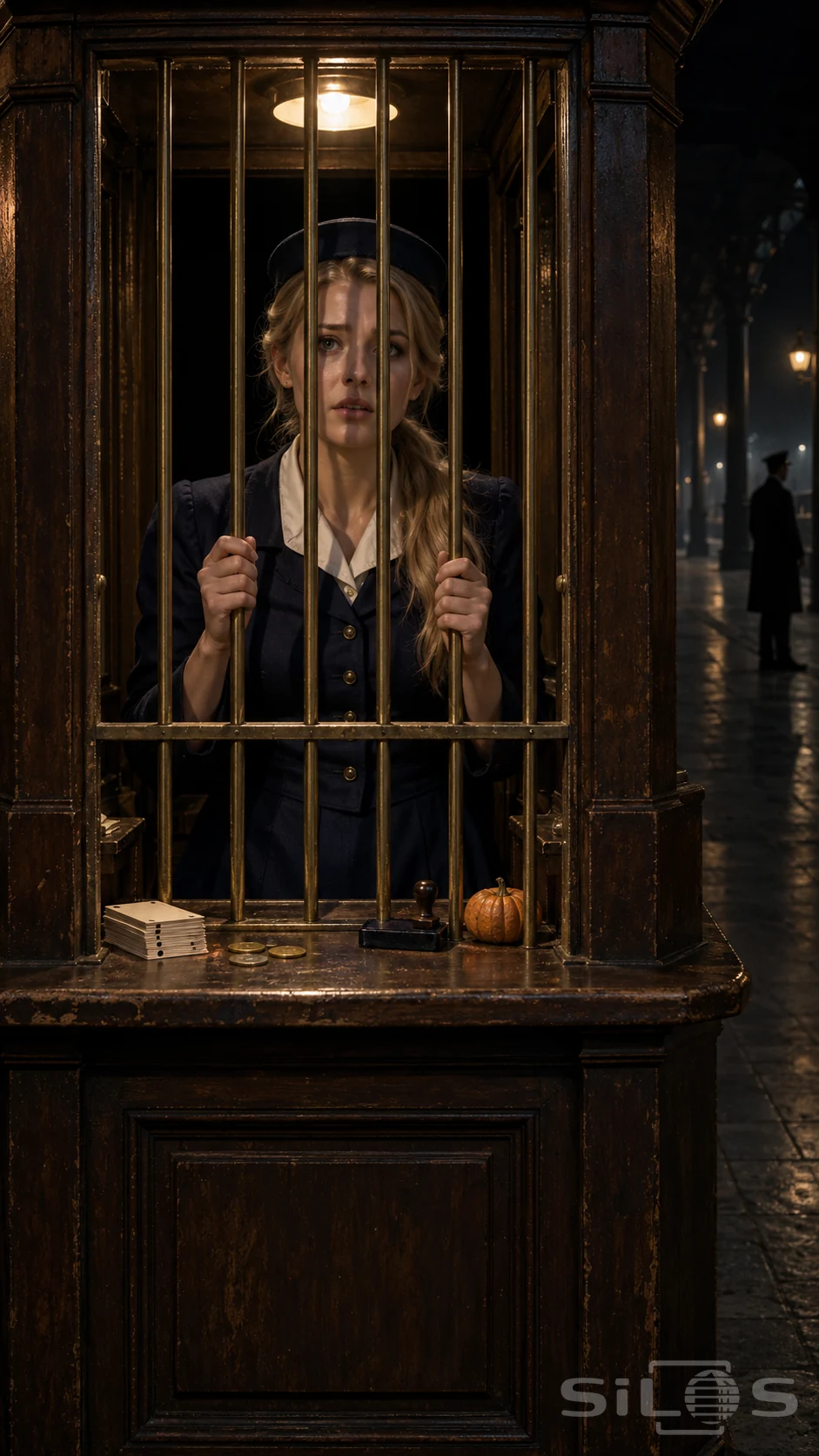 A woman grips a brass ticket-kiosk grille beneath one lamp, with blank tickets and a pumpkin on the counter and a distant stationmaster silhouette.