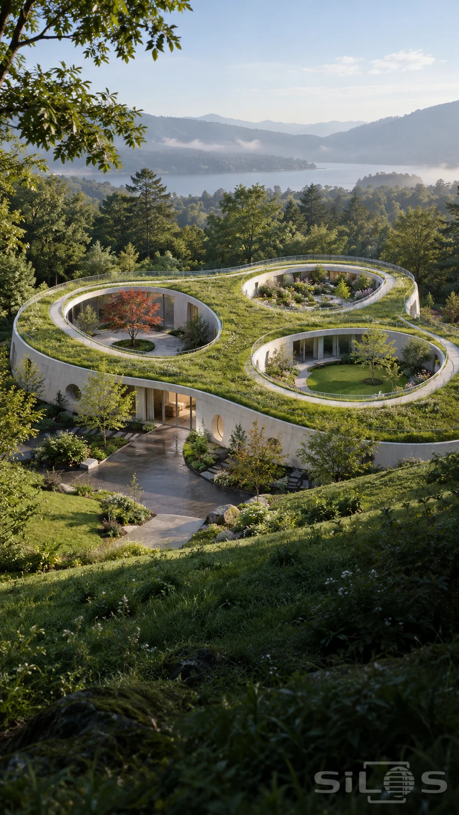 A low building has one planted roof surrounding three oval garden courts, seen from a wooded slope above a lake.