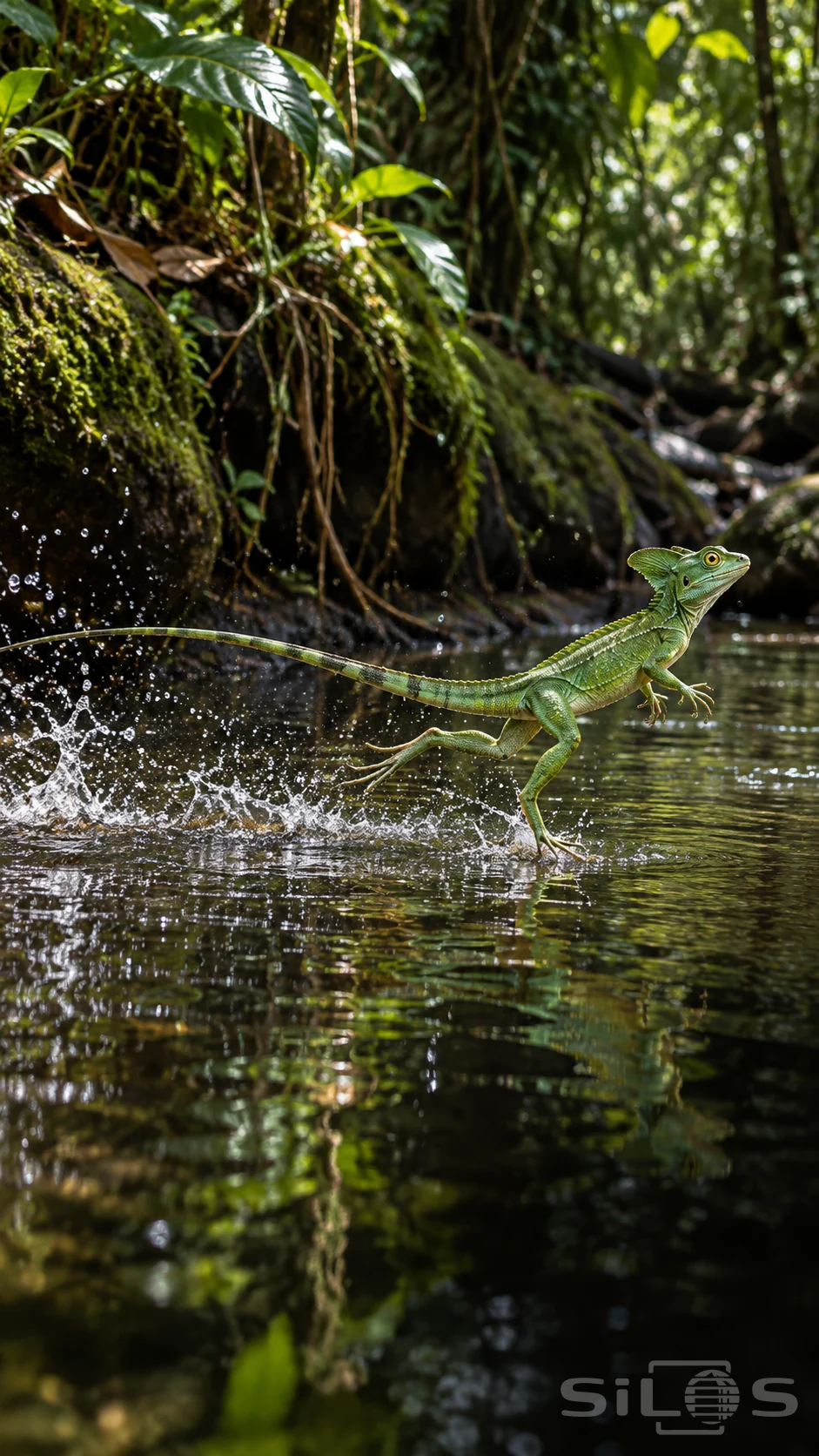 A green basilisk runs across a forest stream on its hind legs, with a long tail, raised forelegs and splashes behind.