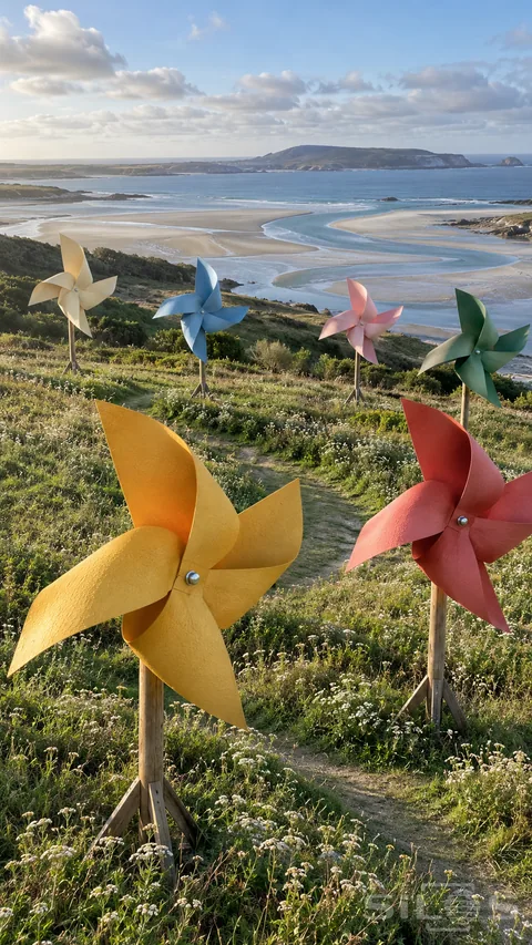 Six colorful giant pinwheels on braced wooden poles stand in a coastal meadow above winding tidal channels; sandbars and open sea.