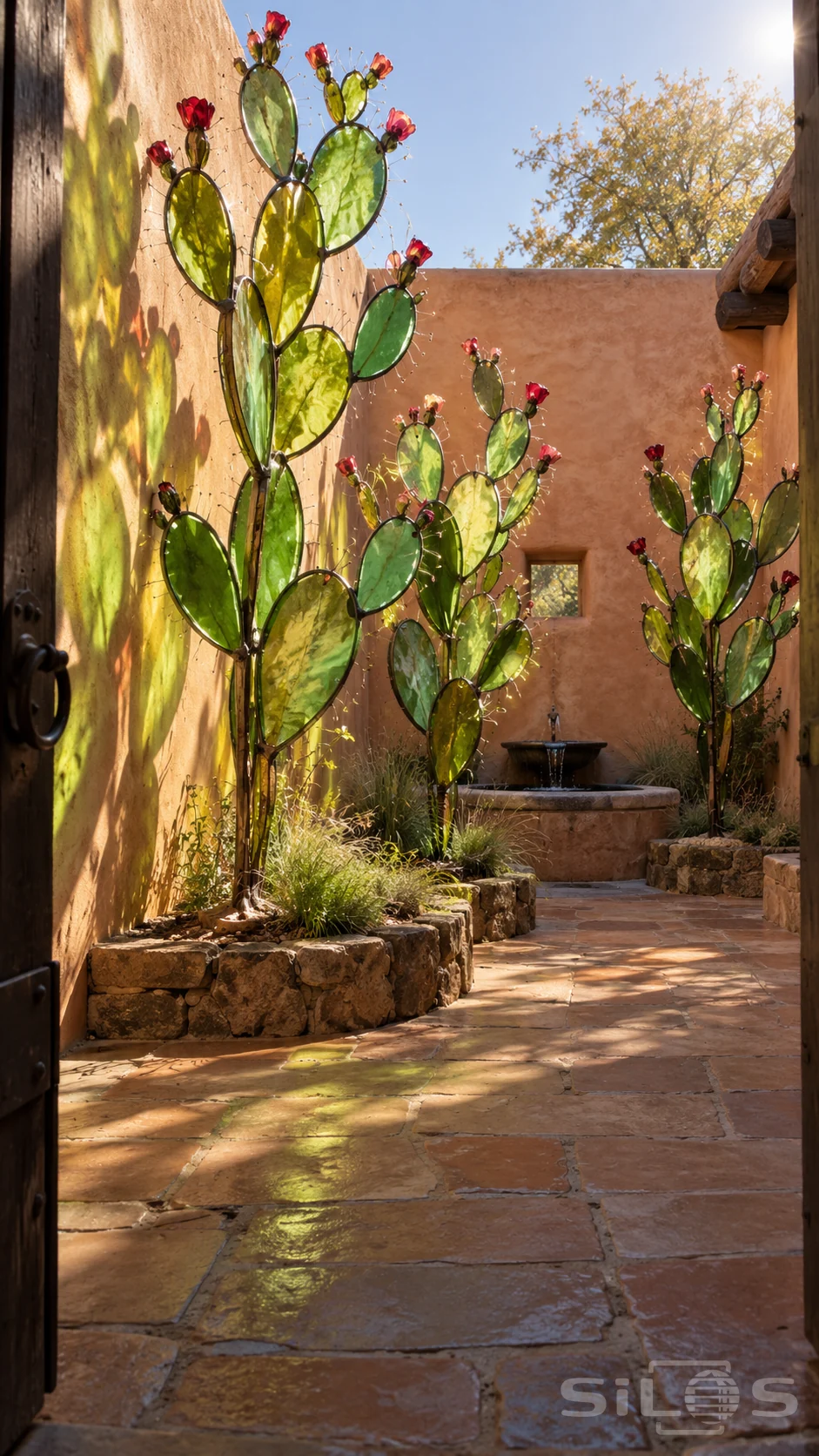 Three tall stained-glass prickly pear sculptures with red blossoms in a sunlit adobe courtyard.