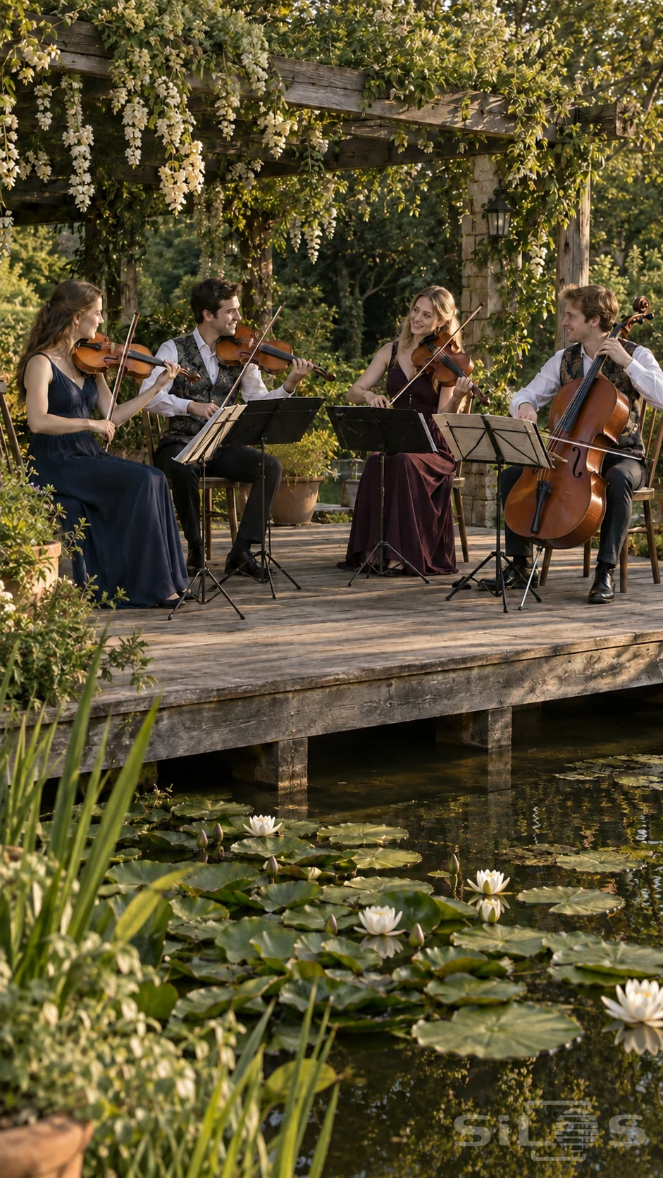 String quartet with three small bowed instruments and a cello sits beneath a garden pergola beside a waterlily pond.