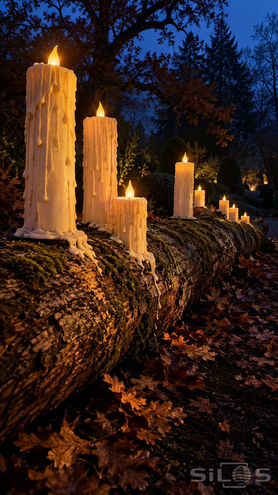 Giant candles with thick ivory drips and glowing amber tips stand on a mossy fallen tree beside copper leaves at blue hour.