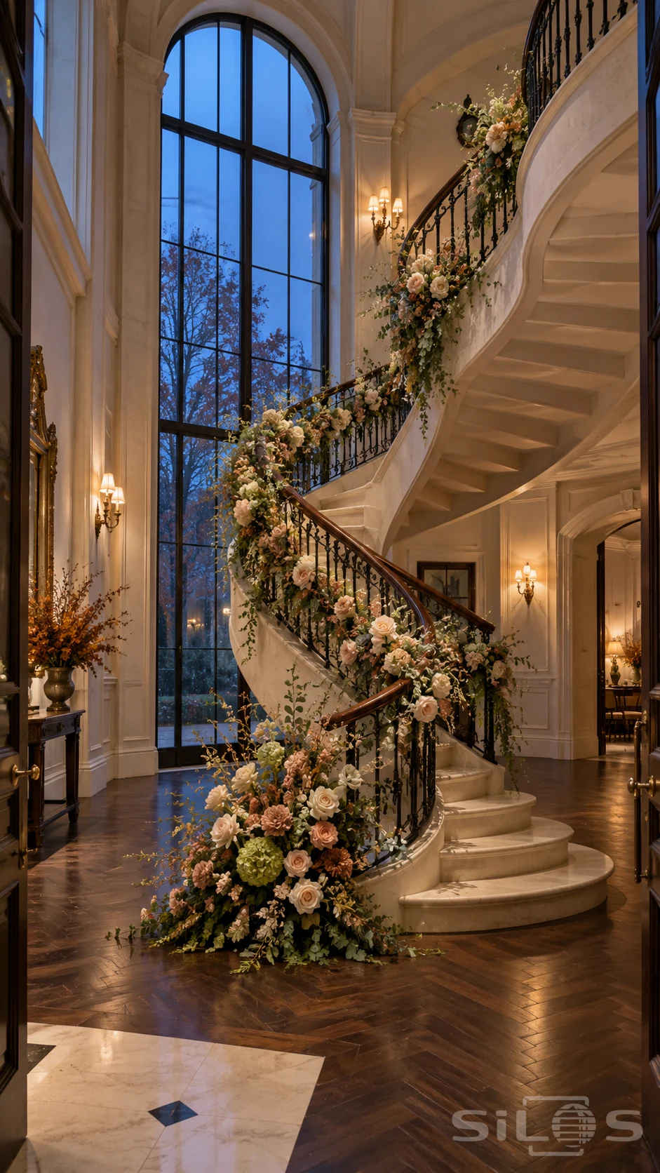 Blush roses and green foliage wind around a tall cream spiral staircase beside a blue-hour arched window.