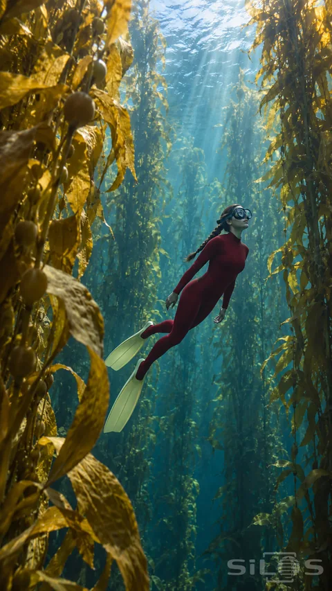Adult freediver in a burgundy wetsuit and long yellow fins swimming between golden kelp forest columns.
