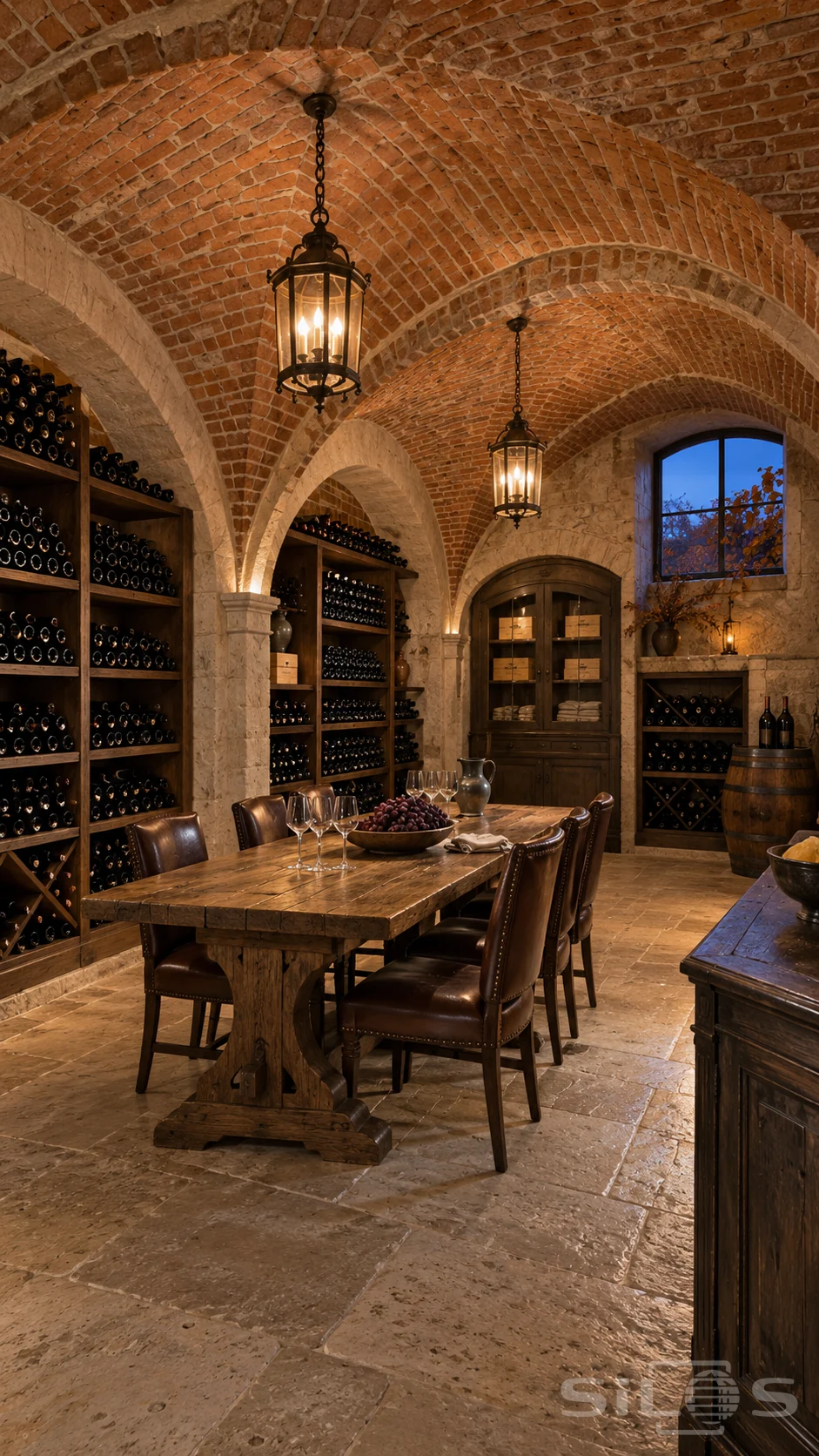 Wine cellar with intersecting brick vaults, limestone arches, dark oak bottle racks, leather chairs and a wooden tasting table.