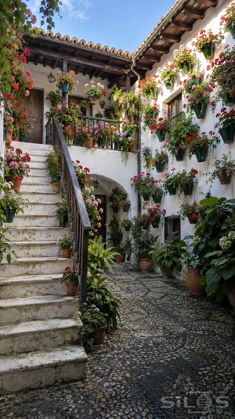 Red; pink and white geraniums hang on white courtyard walls beside a stone stair and dark wooden gallery.
