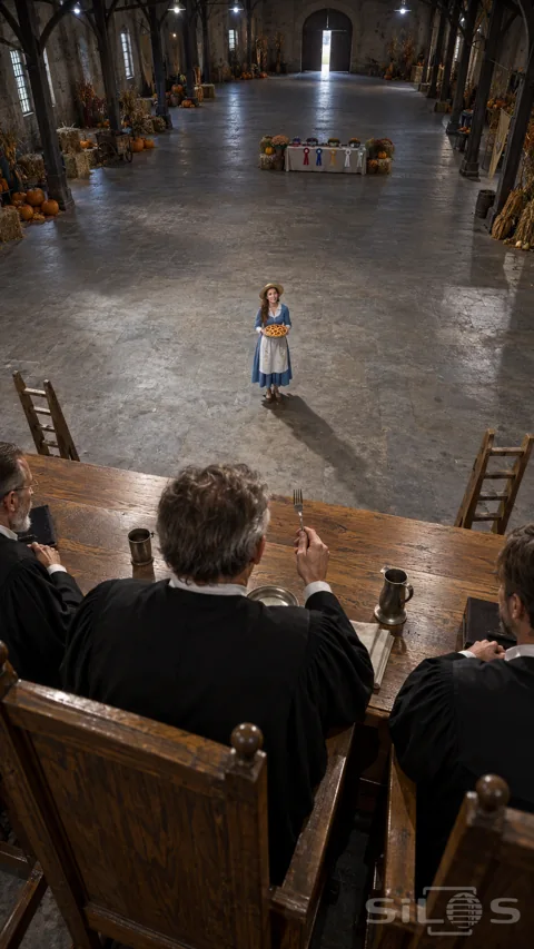 View over three judges at a tall oak bench toward a woman holding a lattice pie on a vast stone floor.