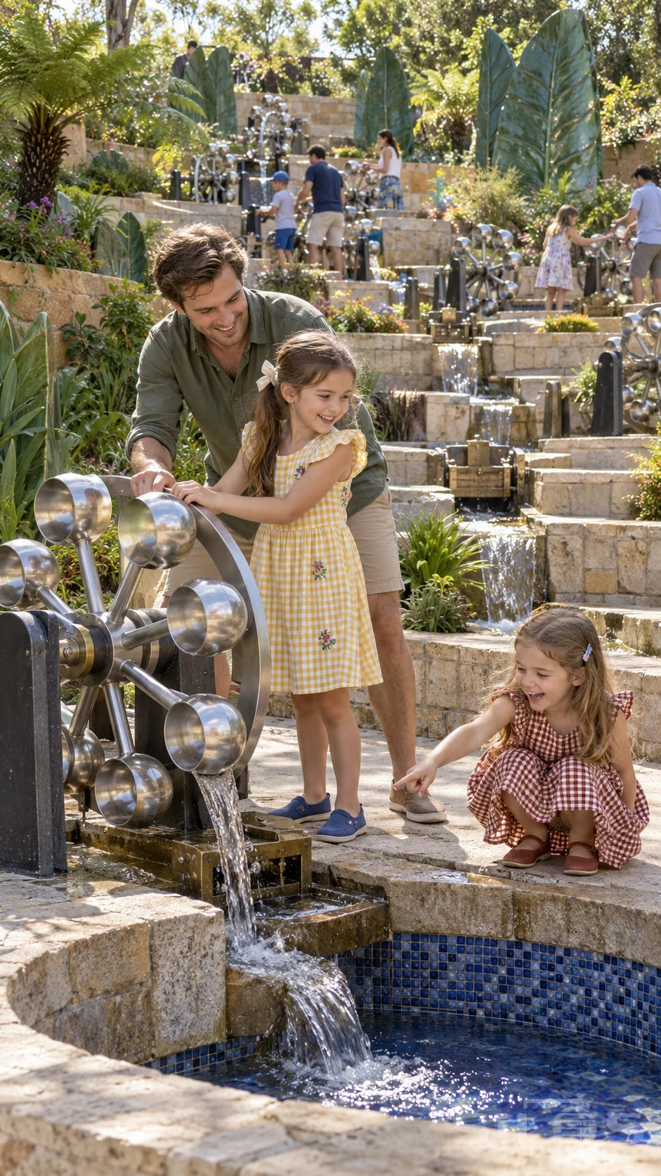 A father and two daughters enjoy water play in a scoop wheel garden with terraced stone channels and a blue mosaic basin.