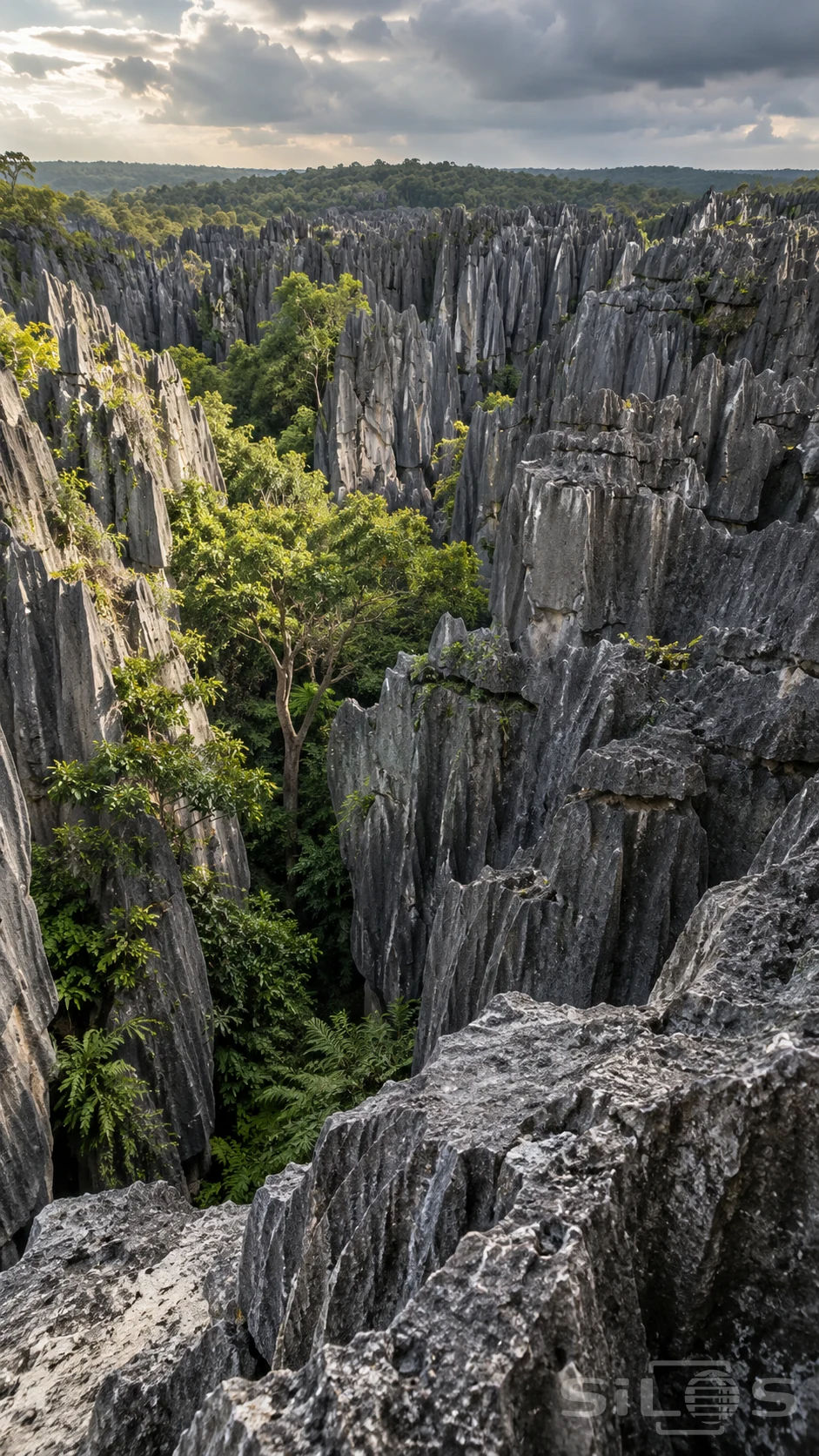 A leafy tree and ferns grow in a deep fissure between sharply fluted grey limestone pinnacles under broken rain clouds.