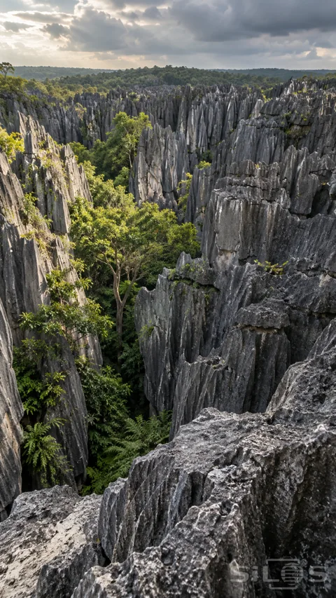 A leafy tree and ferns grow in a deep fissure between sharply fluted grey limestone pinnacles under broken rain clouds.