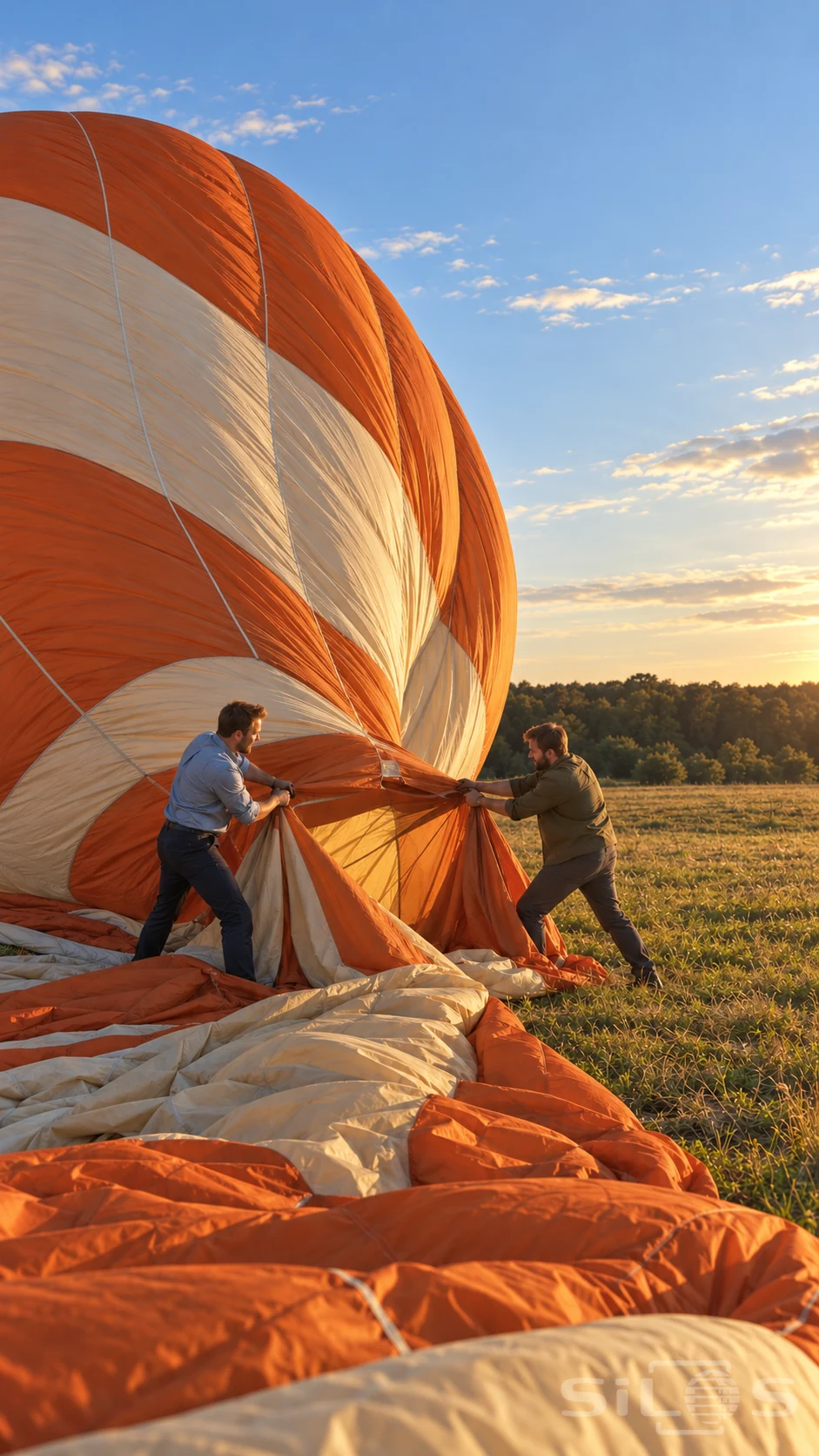 An orange and ivory balloon envelope settles onto meadow grass while two men brace and hold its mouth folds apart in evening light.