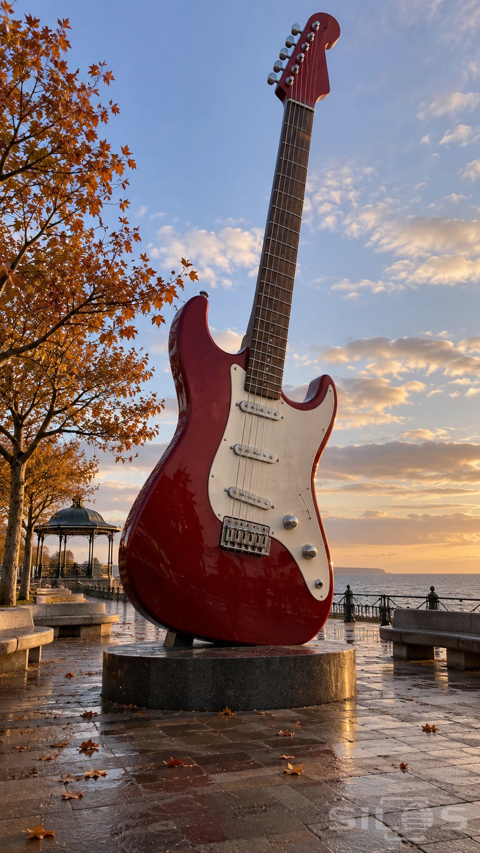 A giant red electric-guitar sculpture stands on a dark stone plinth beside autumn trees, empty benches and the sea at sunset.