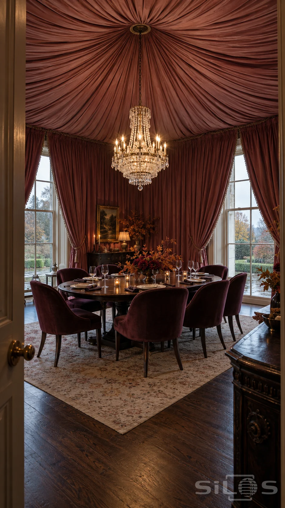 Rose silk canopy gathered above a crystal chandelier and dark dining table with plum chairs beside rainy garden windows