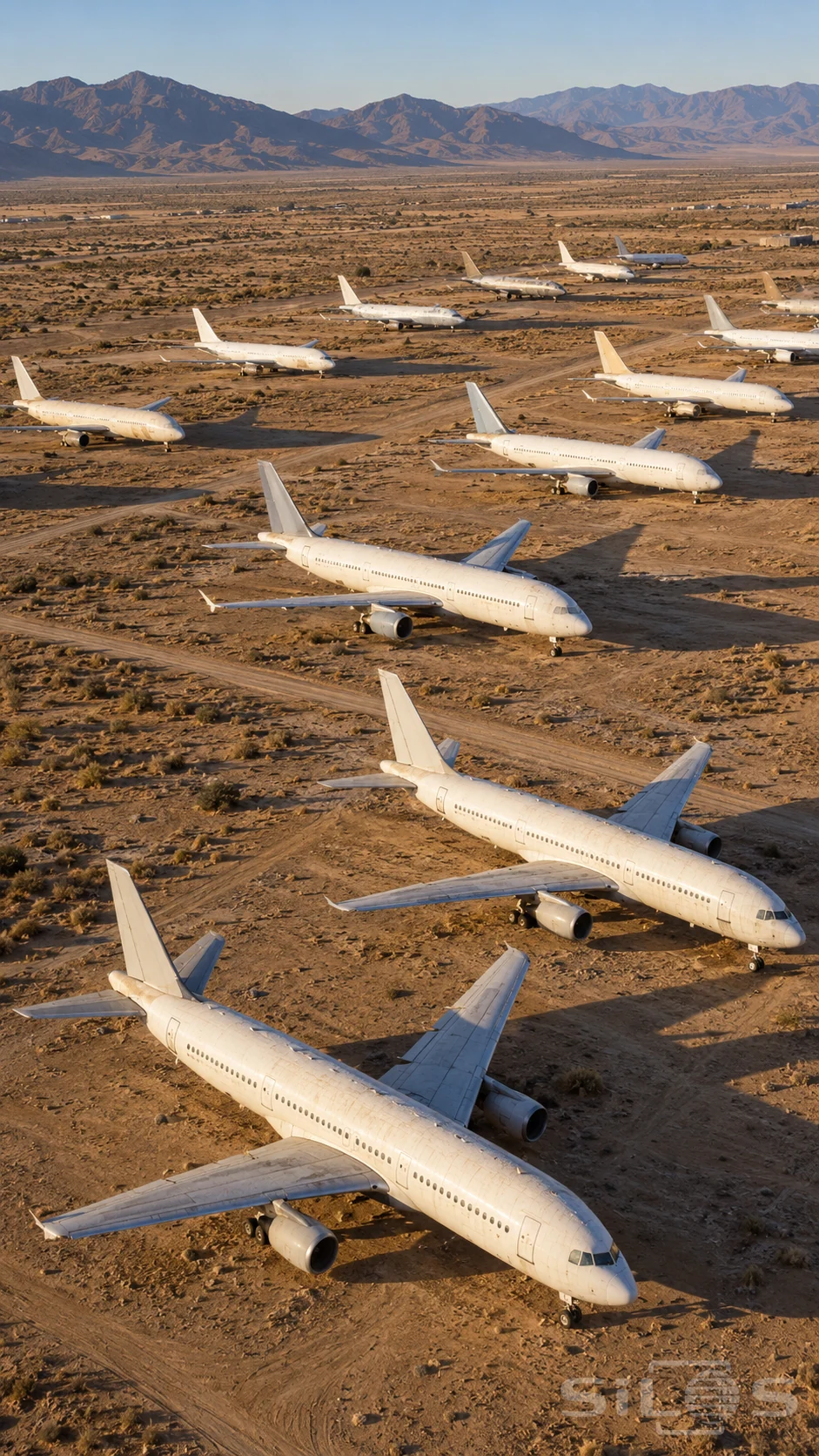 An aircraft boneyard of plain white grounded aircraft in diagonal rows on dry desert ground beneath distant mountains.