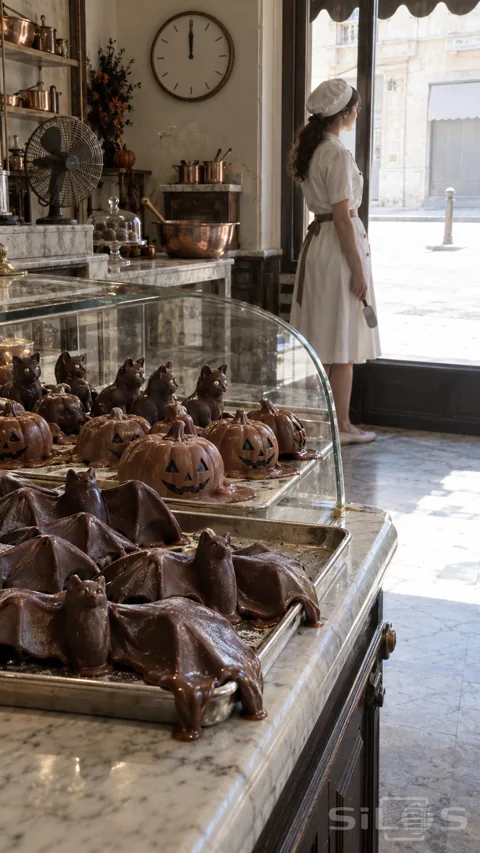 Chocolate bats and pumpkins soften in a glass display while a woman in white watches a brightly sunlit empty street.
