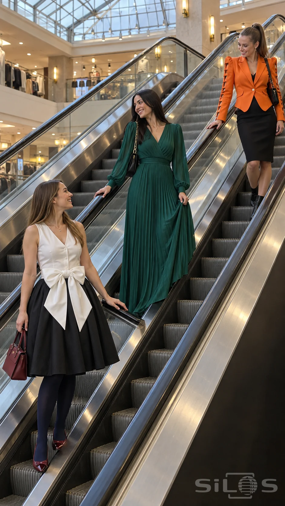Three women in distinctive escalator outfits ride beside one another in a bright department store.