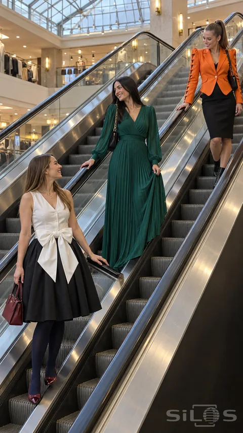 Three women in distinctive escalator outfits ride beside one another in a bright department store.