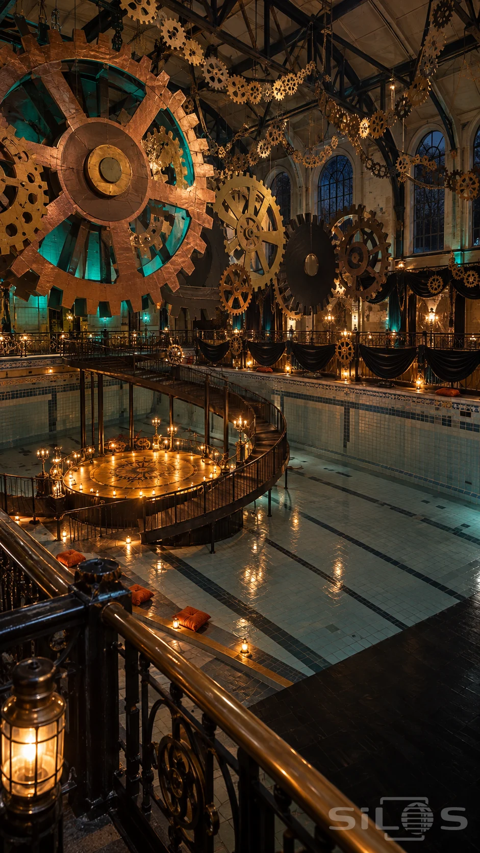 Giant gears hang over an empty tiled pool with a wooden ramp, teal uplights and an amber-lit circular platform.