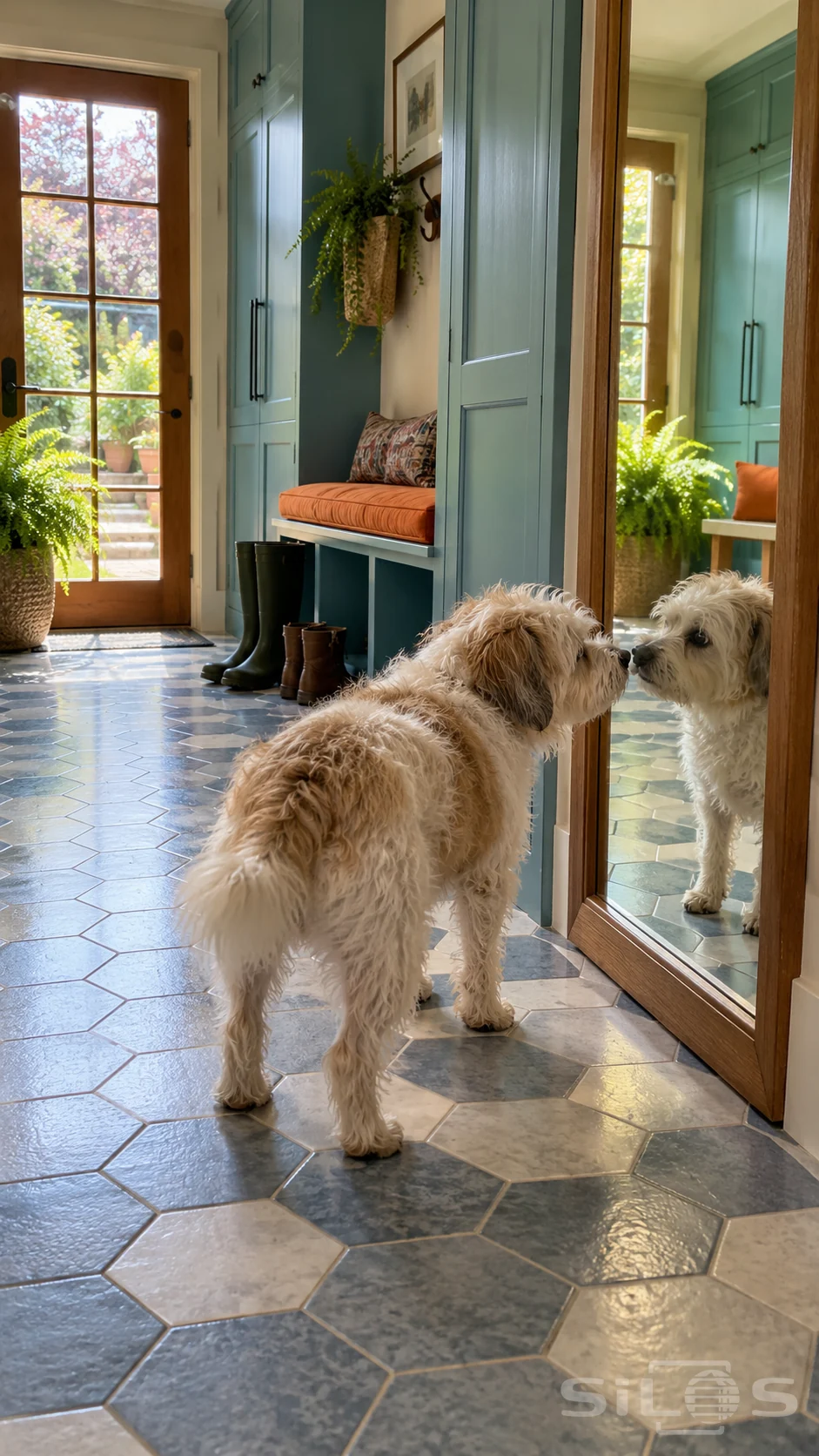 A shaggy terrier reflection meets the dog’s nose in a tall mirror beside blue cupboards and a hexagonal floor.