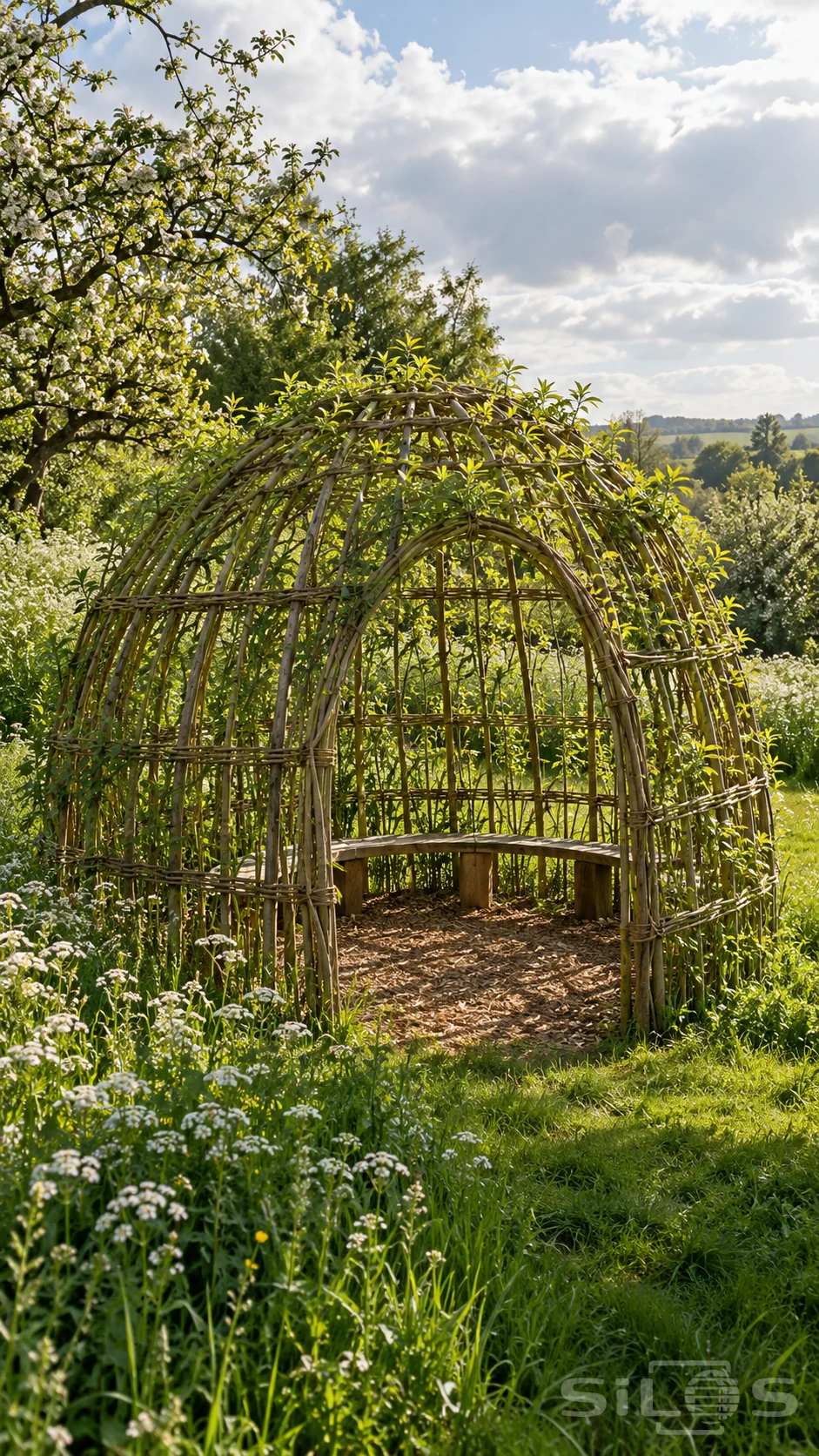 A living willow dome with woven rods and green shoots shelters a curved wooden bench beside meadow flowers and grass.