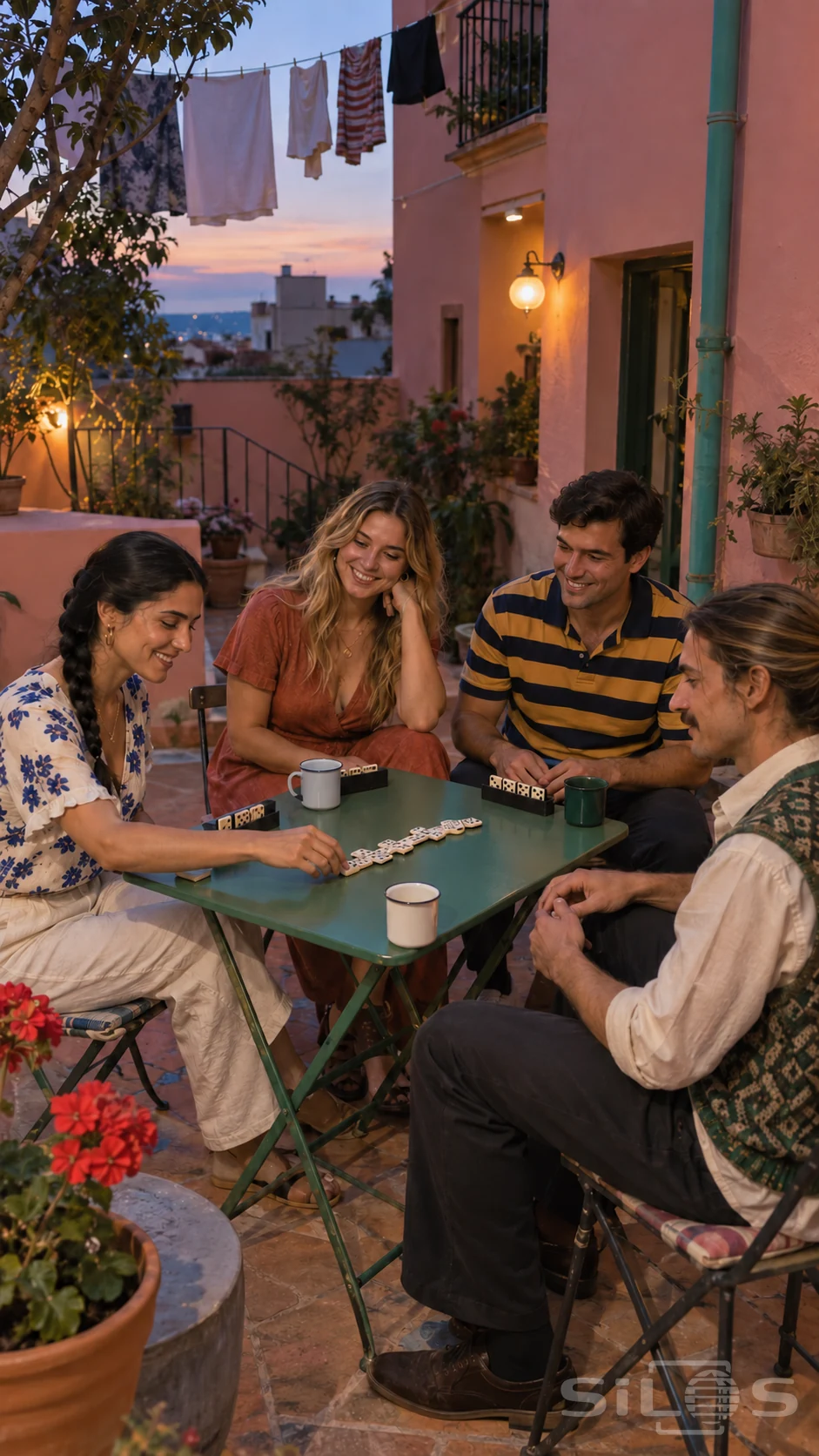 Four adult neighbours share a courtyard domino game around a green table beneath laundry and a warm wall lamp.