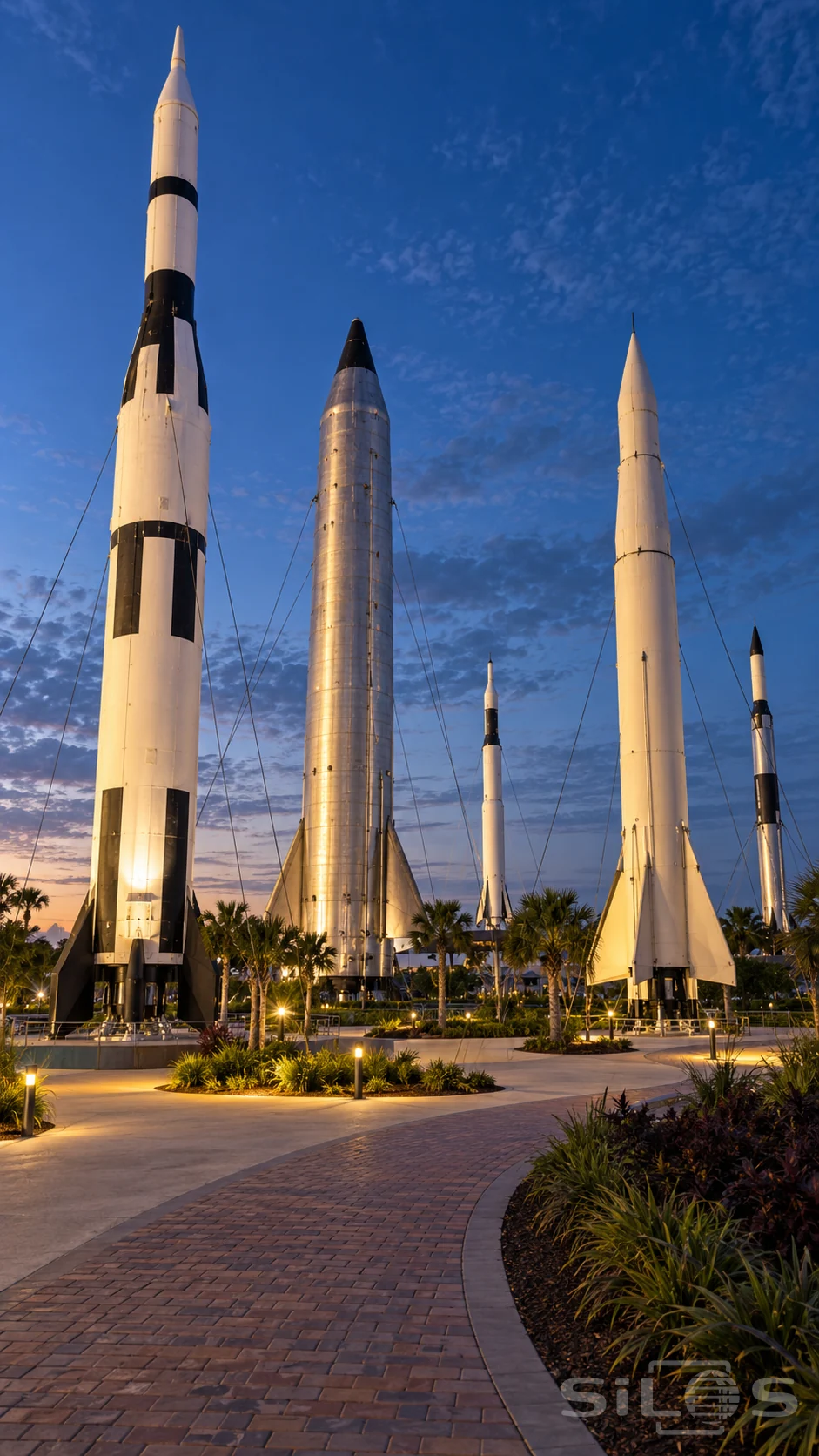 Rocket garden with five display rockets and curving garden paths beneath a deep blue evening sky.