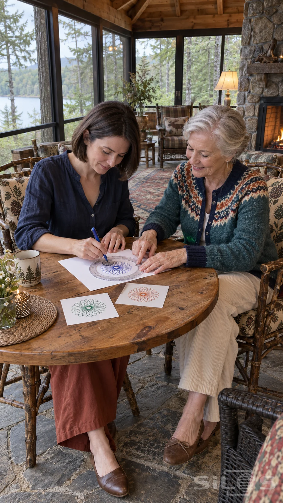 Two women use clear drawing gears to make a blue loop pattern at a wooden table beside broad woodland windows.