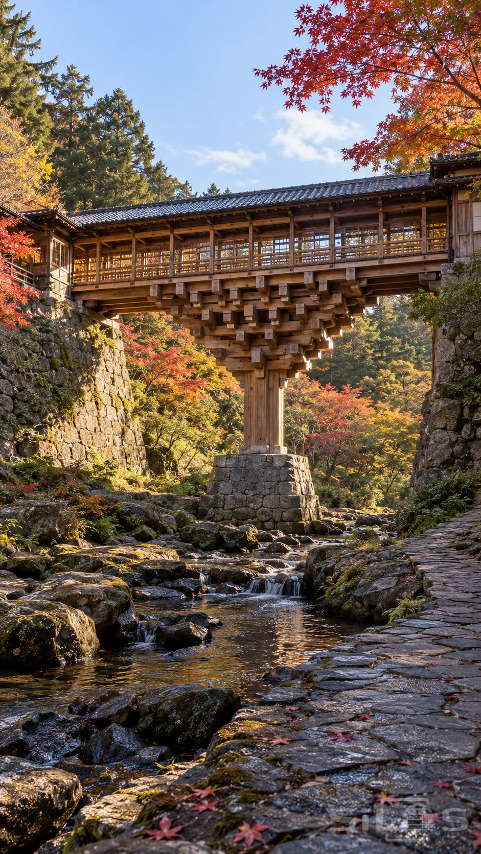 A roofed wooden bridge spans a garden stream on one central pier and many widening layers of timber brackets.